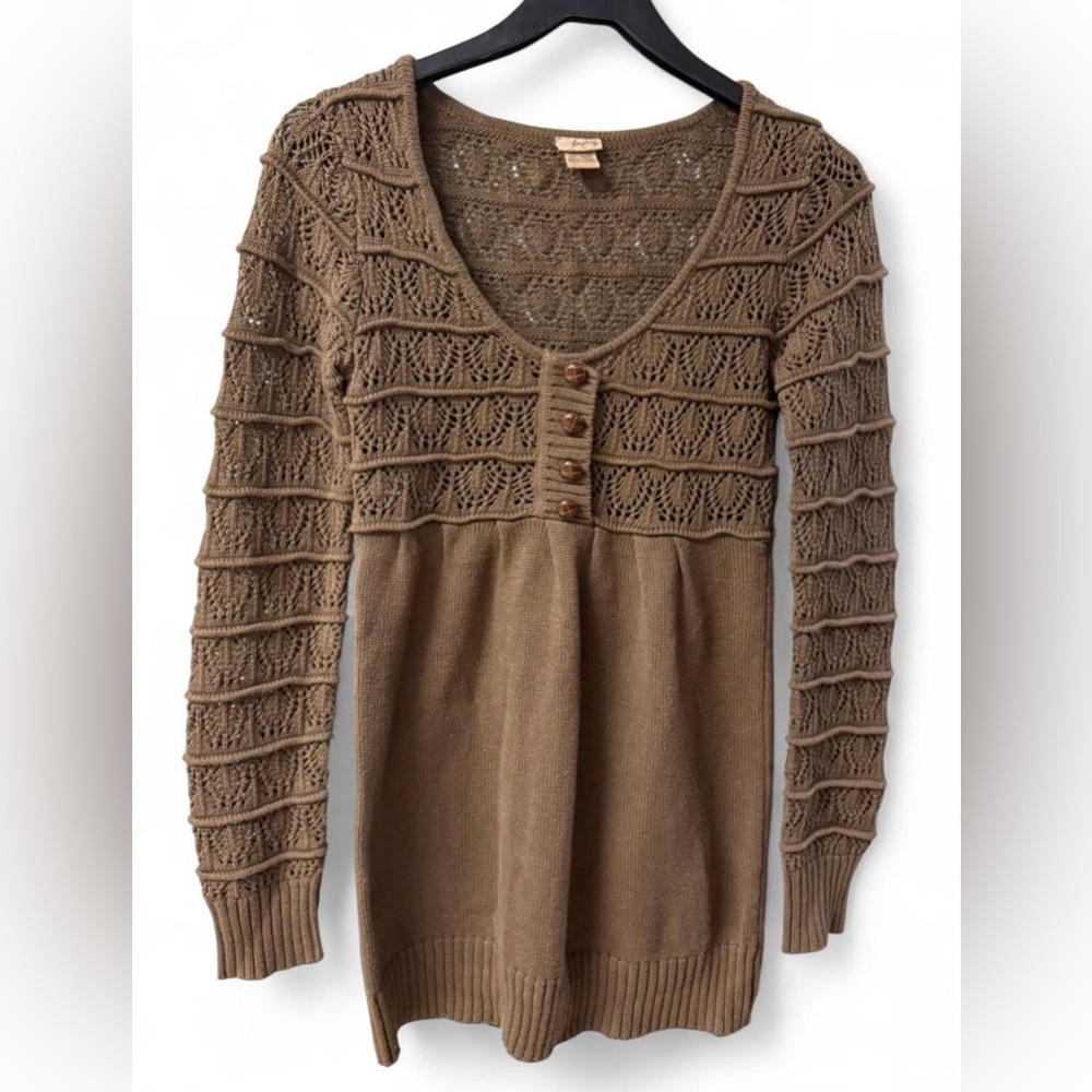 Women's Daytrip Crochet Knit Babydoll Sweater Medium Brown Y2K Stretch Tunic‎